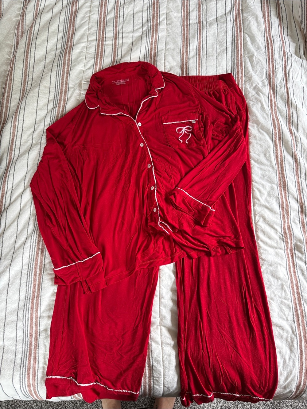 Victorias Secret Red Women's Button-Down Pajama Set with White Trim
